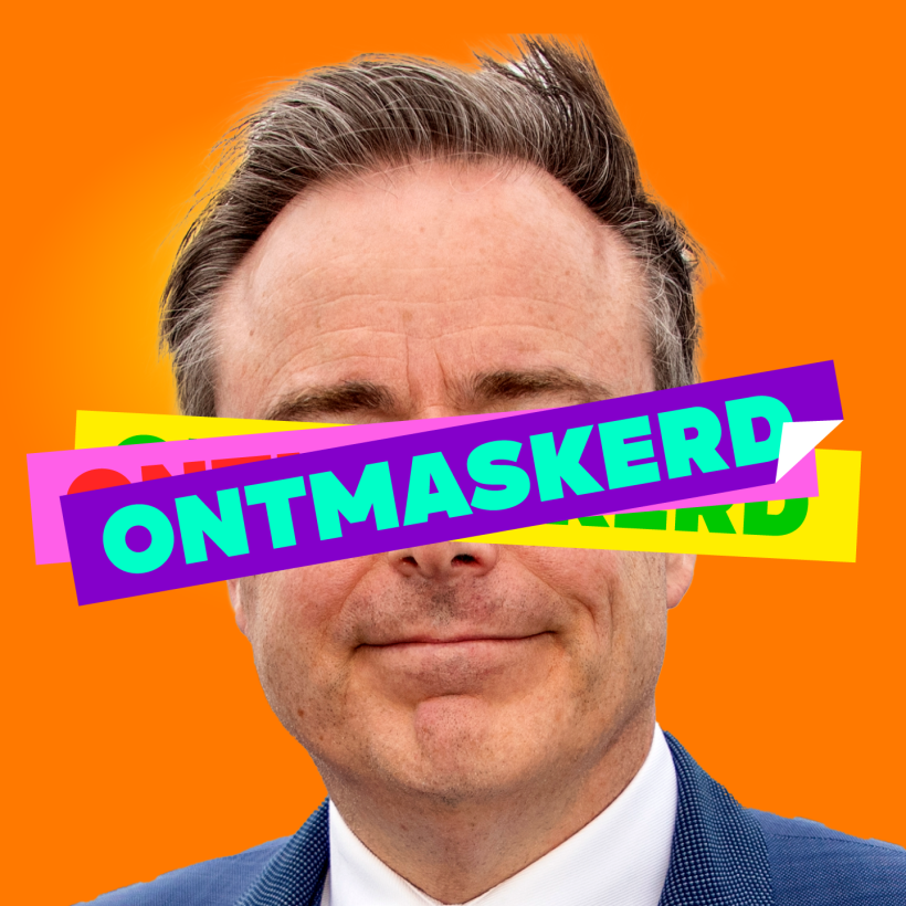 Visueel met het gezicht van Bart De Wever (N-VA) doorgestreept met het woord “démasqué” (“ontmaskerd”).