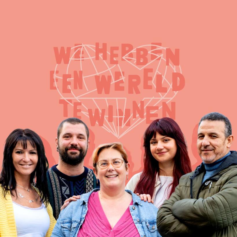 Vijf mensen met de tekst "We hebben een wereld te winnen"