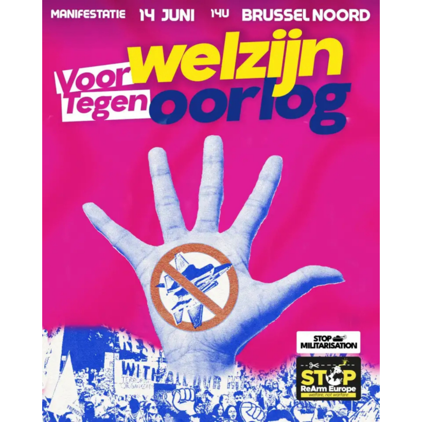 Affiche van de betoging “Voor welvaart, tegen oorlog” op 14 juni in Brussel