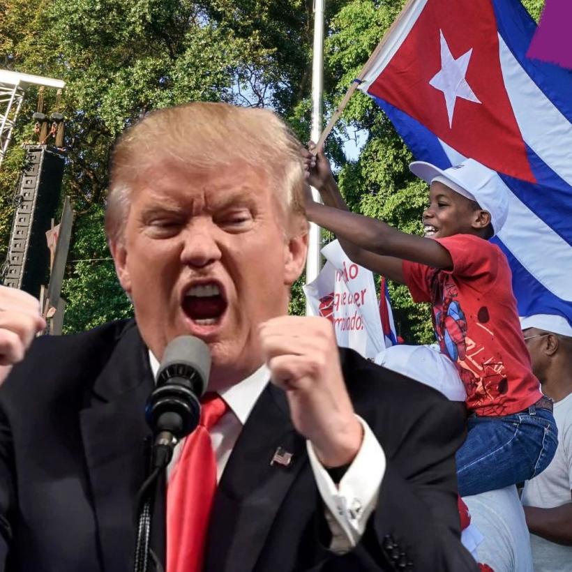 Fotomontage van Trump met achter zich een jongetje met een Cubaanse vlag