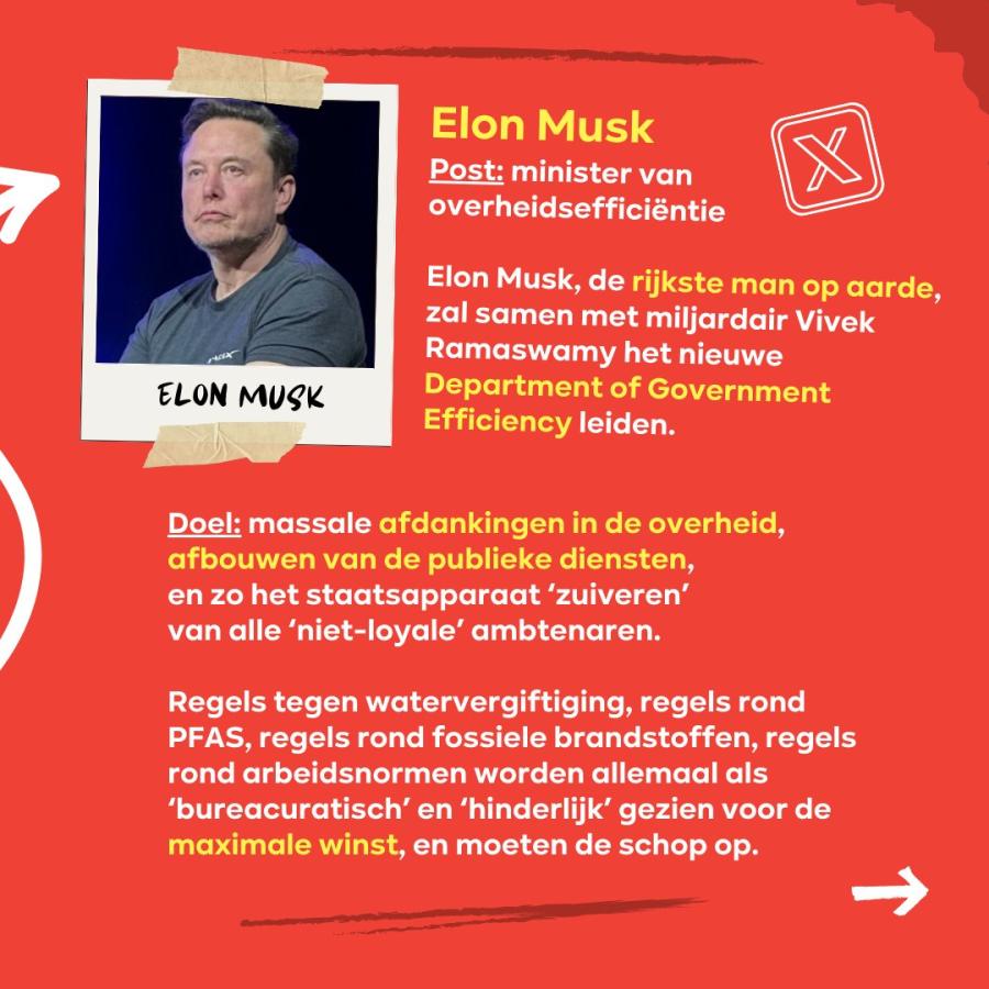 Slide 4 regering-Trump: Elon Musk Post: minister van overheidsefficiëntie  Elon Musk, de rijkste man op aarde, zal samen met miljardair Vivek Ramaswamy het nieuwe  Department of Government Efficiency leiden.