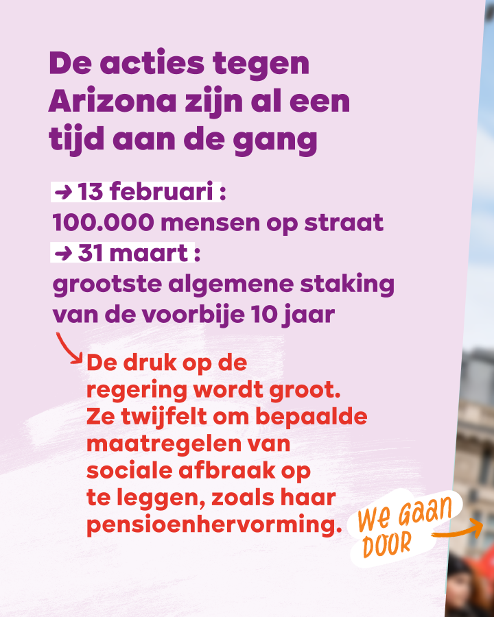De acties tegen Arizona zijn al een tijd aan de gang. 13 februari: staking 100.000 man. 31 maart: grote algemene staking. De druk op de regering wordt groot. Ze twijfelt om bepaalde maatregelen van sociale afbraak op te leggen, zoals pensioenhervorming.