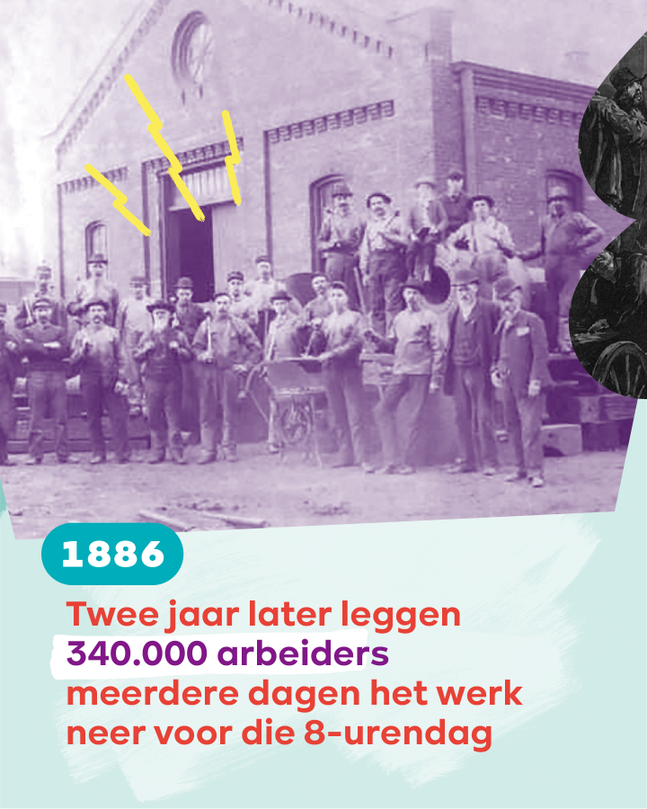 Zwart-witfoto van arbeiders voor een fabriek. Tekst: 1886. Twee jaar later leggen 340.000 arbeiders meerdere dagen het werk neer voor die 8-urendag.