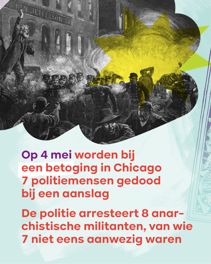Foto van de demonstratie in Chicago. Tekst: Op 4 mei worden bij een betoging in Chicago 7 politiemensen gedood bij een aanslag. De politie arresteert 8 anarchistische militanten, van wie 7 niet eens aanwezig waren.