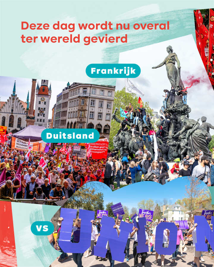 Foto's van May Day in Frankrijk, Duitsland en de VS. Tekst: Deze dag wordt nu overal ter wereld gevierd