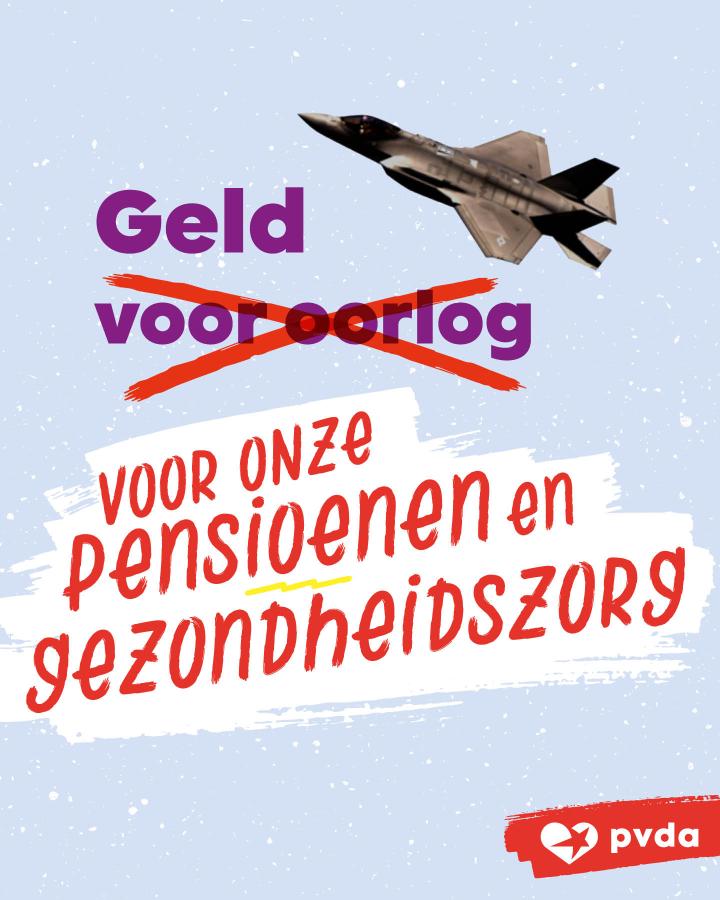 Beeld 5: Geld voor oorlog! Maar wel voor onze pensioenen en gezondheidszorg