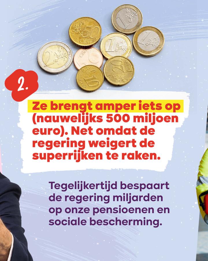 2. Ze brengt amper iets op (nauwelijks 500 miljoen euro). Net omdat de regering weigert de superrijken te raken. Tegelijkertijd bespaart de regering miljarden op onze pensioenen en sociale bescherming.