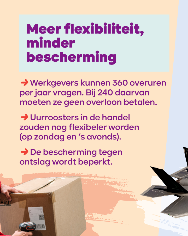 beeld 5: Meer flexibiliteit, minder bescherming. → Werkgevers kunnen 360 overuren per jaar vragen. Bij 240 daarvan moeten ze geen overloon betalen. → Uurroosters in de handel zouden nog flexibeler worden (op zondag en ‘s avonds). 