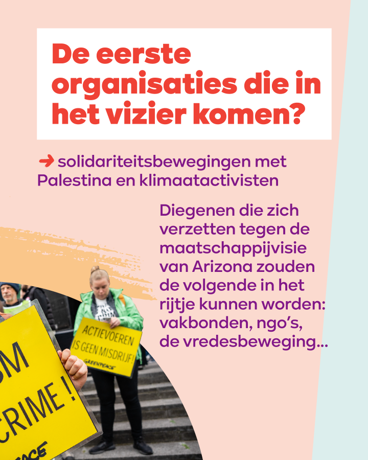 beeld 8: De eerste organisaties die in het vizier komen? → solidariteitsbewegingen met Palestina en klimaatactivisten. Diegenen die zich verzetten tegen de maatschappijvisie van Arizona zouden de volgende in het rijtje kunnen worden: vakbonden, ngo’s...