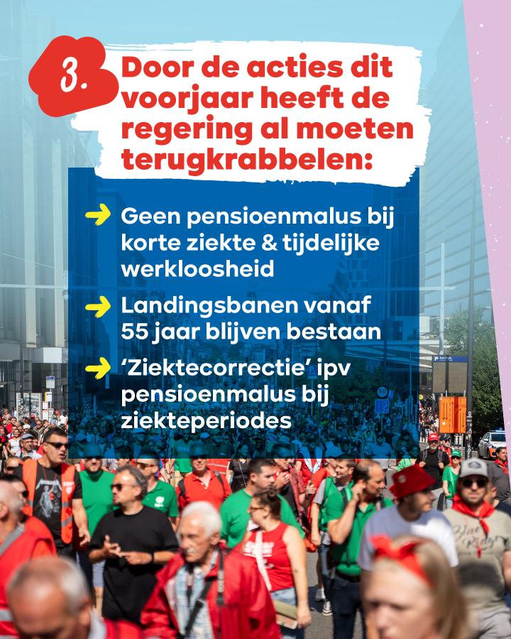 Beeld 4: Door de acties dit voorjaar heeft de regering al moeten terugkrabbelen: geen pensioenmalus bij korte ziekte & tijdelijke werkloosheid, landingsbanen vanaf 55 jaar blijven bestaan, ‘ziektecorrectie’ ipv pensioenmalus bij ziekteperiodes.
