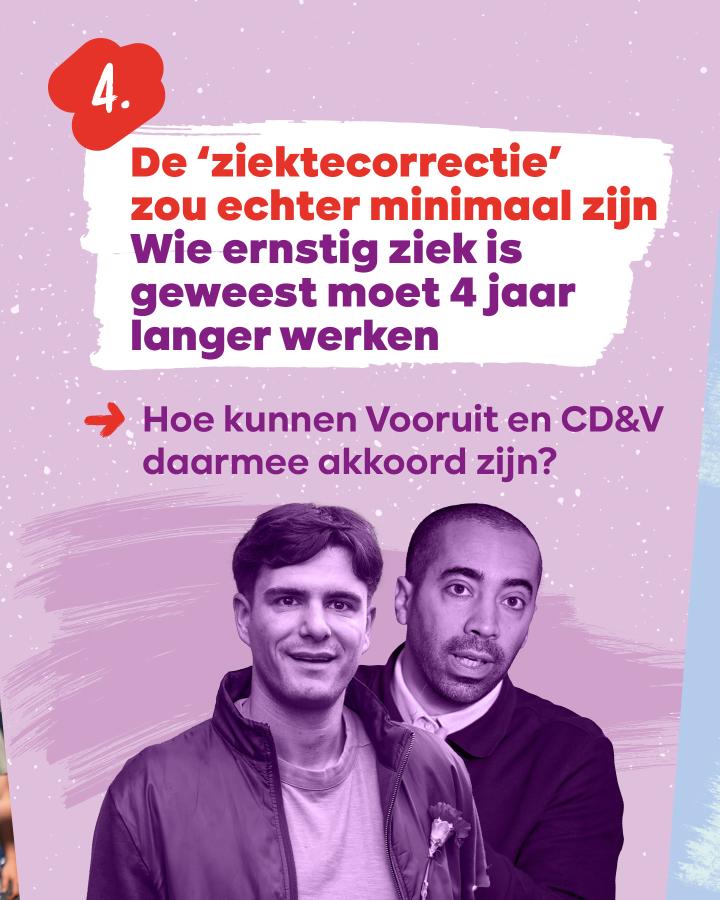 Beeld 5: De ‘ziektecorrectie’ zou echter minimaal zijn. Wie ernstig ziek is geweest moet 4 jaar langer werken. Hoe kunnen Vooruit en cd&v daarmee akkoord zijn?