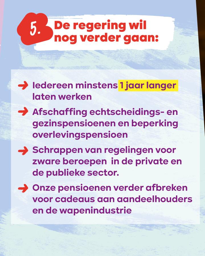 Beeld 6: De regering wil nog verder gaan: Iedereen minstens 1 jaar langer laten werken. Afschaffing van echtscheidings- en gezinspensioen, en beperking overlevingspensioen. Schrappen van regelingen voor zware beroepen in de private en de publieke sector. 