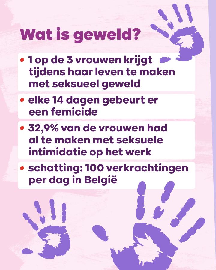 Wat is geweld?  - 1 op de 3 vrouwen krijgt tijdens haar leven te maken met seksueel geweld - elke 14 dagen gebeurt er een femicide - 32,9% van de vrouwen had al te maken met seksuele intimidatie op het werk  - schatting: 100 verkrachtingen per dag