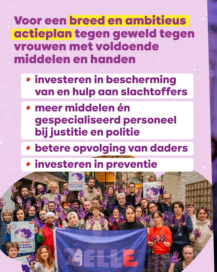 Voor een breed en ambitieus actieplan tegen geweld tegen vrouwen met voldoende middelen en handen  - investeren in bescherming van en hulp aan slachtoffers - meer middelen én gespecialiseerd personeel bij justitie en politie  - betere opvolging van daders