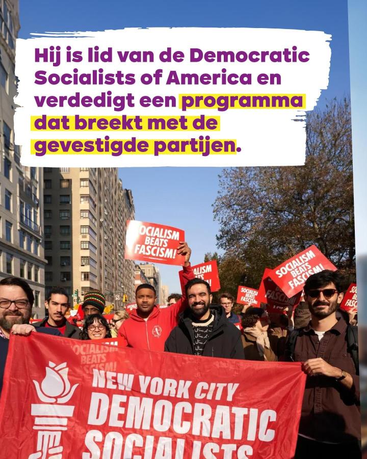 Hij is lid van de Democratic Socialists of America en verdedigt een programma dat breekt met de gevestigde partijen.