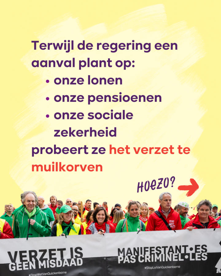 beeld 2: Terwijl de regering een aanval plant op: onze lonen, onze pensioenen, onze sociale zekerheid probeert ze het verzet te muilkorven. Hoe?