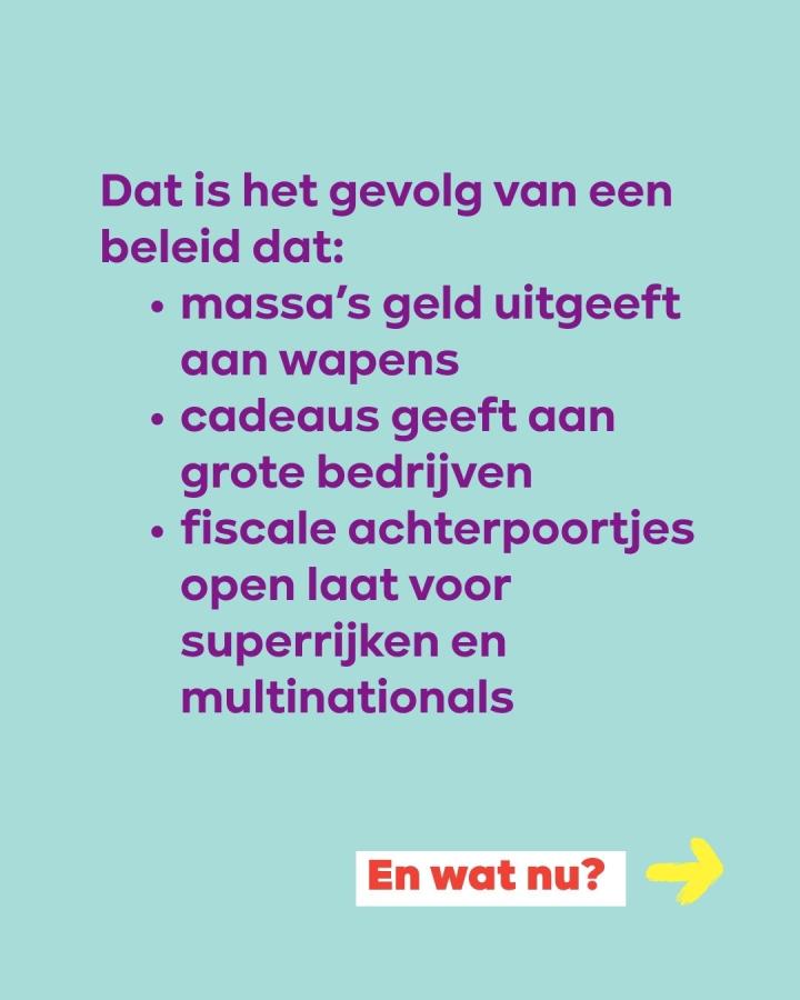 beeld 3: Dat is het gevolg van een beleid dat: massa’s geld uitgeeft aan wapens, cadeaus geeft aan grote bedrijven, fiscale achterpoortjes open laat voor superrijken en multinationals. En wat nu?