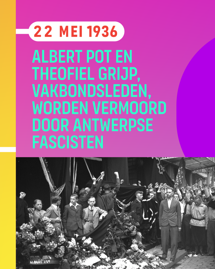beeld 3: 22 mei 1936. Albert Pot en Theofiel Grijp, vakbondsleden, worden vermoord door Antwerpse fascisten. 