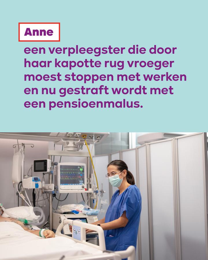 beeld 4: Anne, een verpleegster die door haar kapotte rug vroeger moest stoppen met werken en nu gestraft wordt met een pensioenmalus.
