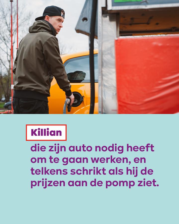 beeld 5: Killian, die zijn auto nodig heeft om te gaan werken, en telkens schrikt als hij de prijzen aan de pomp ziet.