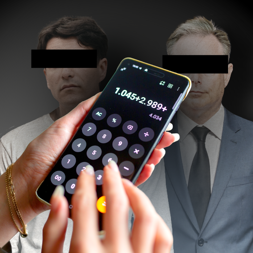 Beeld van een hand die een rekenmachine bedient, op de achtergrond zien we de silhouetten van Conner Rousseau en Bart De Wever