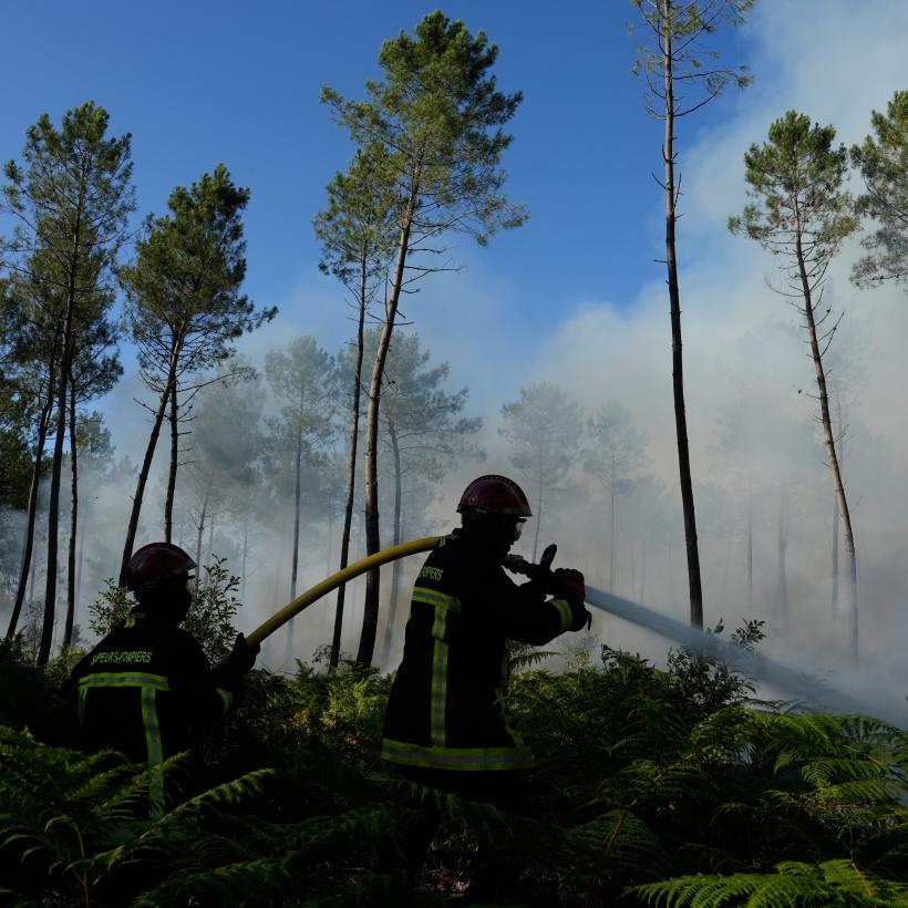 Brandweerlieden proberen het vuur van een bosbrand te bedwingen in de buurt van Bordeaux, op 27 juli 2026