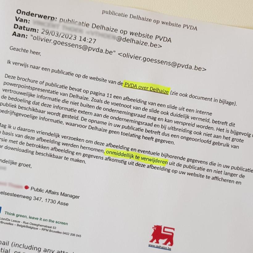 Een email van delhaize aan PVDA met vraag om het dossier onmiddelijk te verwijderen