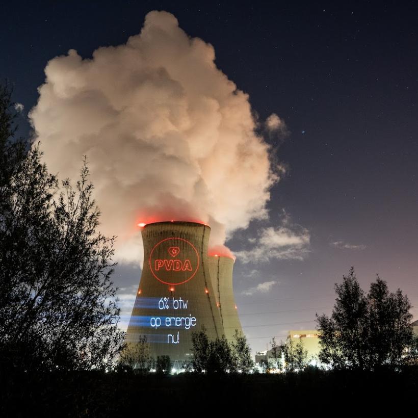PVDA voert laser-actie op koeltorens in Doel: “Verlaag btw op energie van 21 naar 6% en doe Electrabel betalen” 
