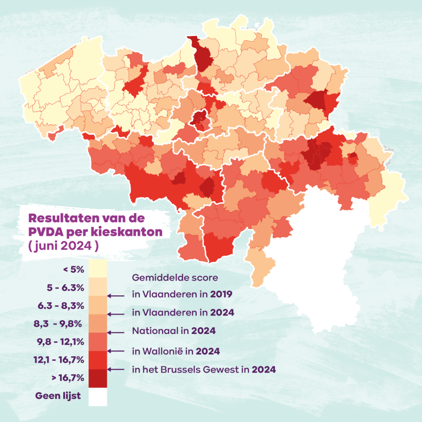 Kaart van België met de uitslag van de PVDA ingekleurd per kieskanton