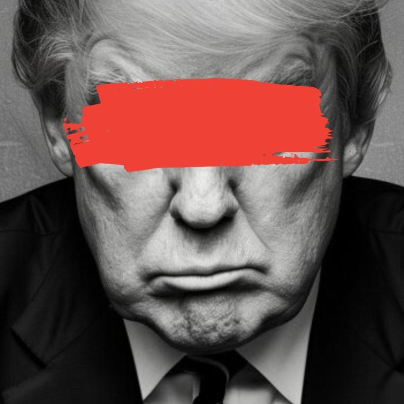 Photo de face de Donald Trump en noir et blanc, avec une bande rouge en travers des yeux.