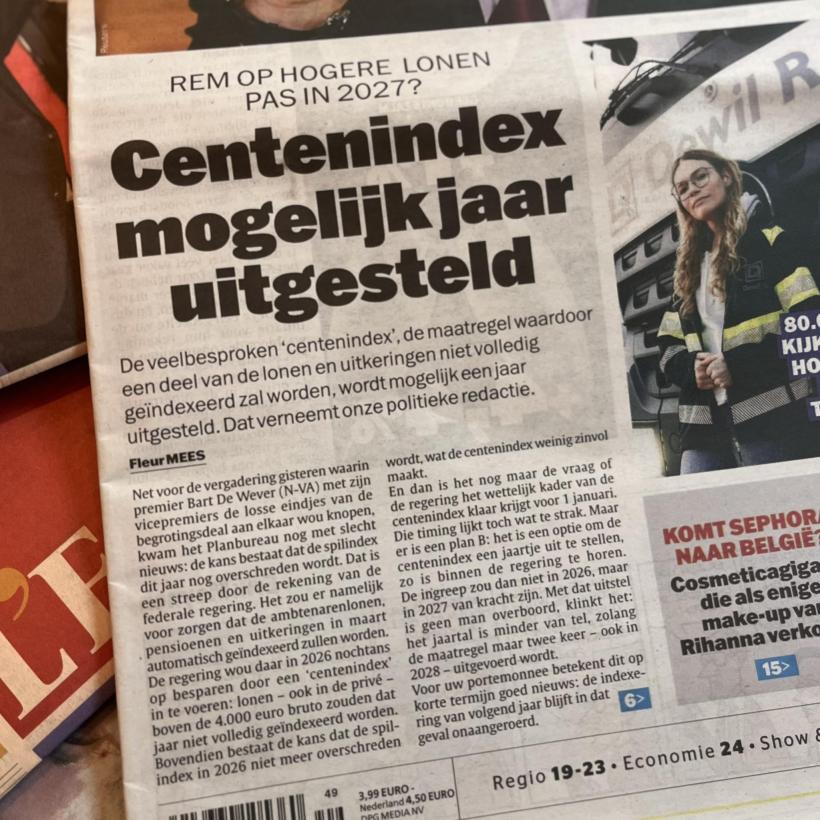 Voorpagina Het Laatste Nieuws met als kop: “Centenindex mogelijk jaar uitgesteld”