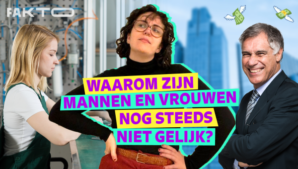  Lilo van Fakto kijkt bedenkelijk. Ze heeft haar handen op haar heupen. Achter haar zie je een man in een chique kostuum, een vrouw in werkkleren en geldbriefjes die rondvliegen. 