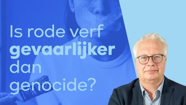 Peter Mertens met op de achtergrond de tekst “Is rode verf gevaarlijker dan genocide?”