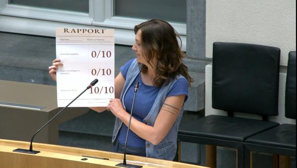Line De Witte tijdens haar tussenkomst in het Vlaams parlement. Ze toont het rapport van Zuhal Demir in het Vlaams parlement.
